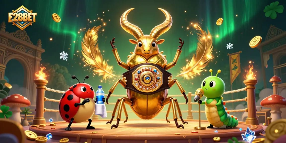 E28BET showcases an epic boxing match with a golden stag beetle and ladybug for thrilling casino action.