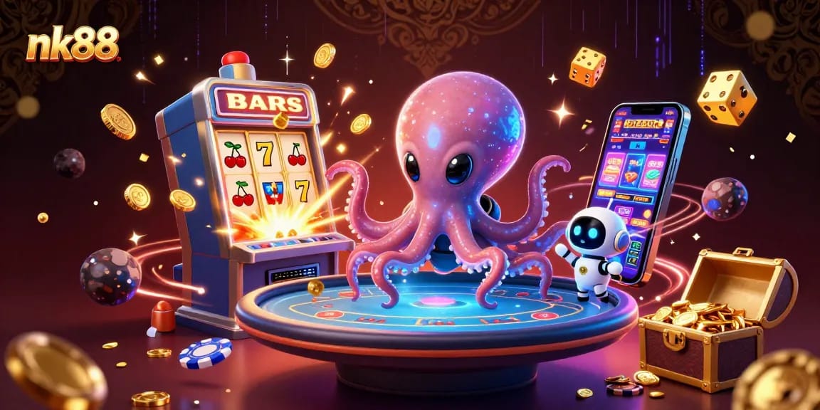 Experience dynamic gameplay with nk88's alien octopus dealer at a holographic poker table surrounded by casino elements.