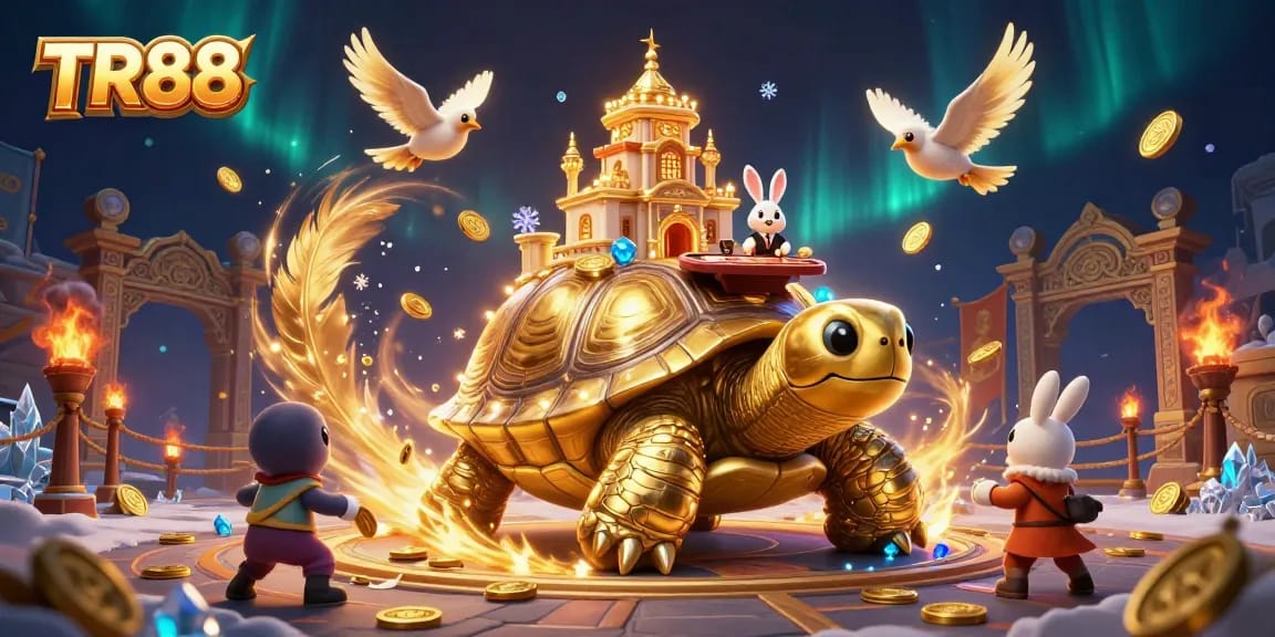 Experience TR88's golden adventure with a tortoise casino and a dealer amidst magical coins.