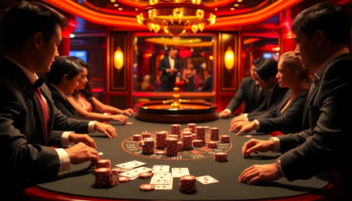 Engage in a high-stakes poker game as seen at https://c168seo.com/, showcasing excitement with chips and cards.