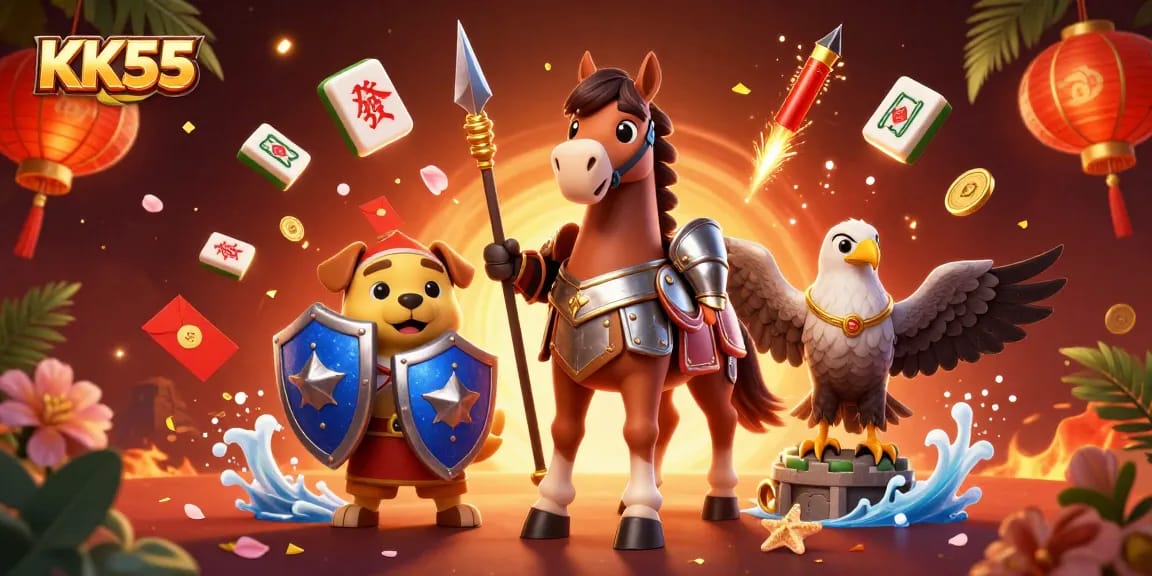 KK55 offers thrilling gaming with a knight, puppy, and falcon amidst vibrant casino elements.