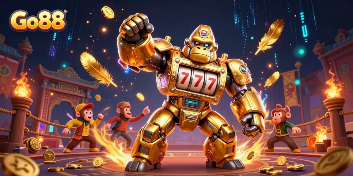 Go88's exciting 3D scene shows a golden gorilla mech slinging coins amidst a vibrant casino atmosphere.