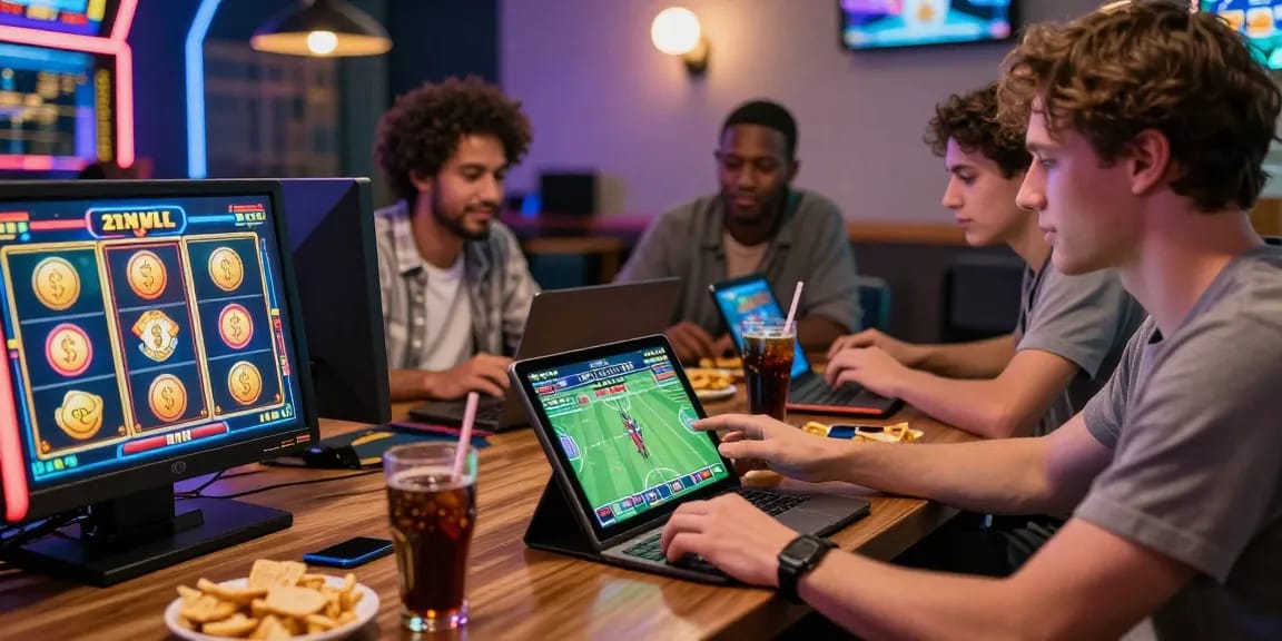 Engaged friends enjoying online gaming and betting at BL 555 platform, showcasing dynamic entertainment.