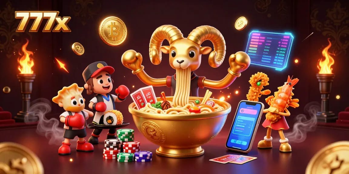 Engage with 777x casino games through lively 3D characters and crypto elements in a vibrant scene.