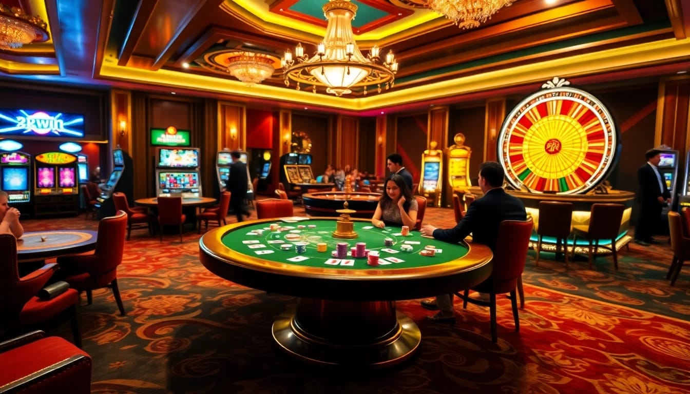 Players enjoying a high-stakes poker game at 23win casino with vibrant roulette and slot machines.