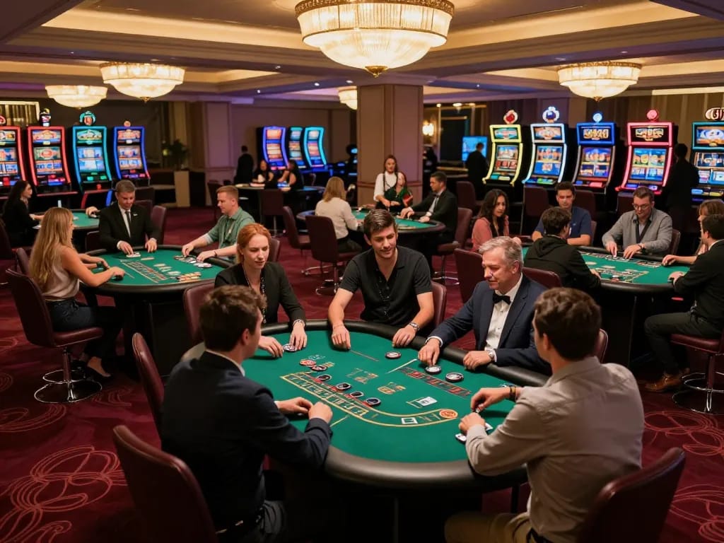 Engaged players at OK365 placing bets at elegant blackjack tables in a luxury casino atmosphere.