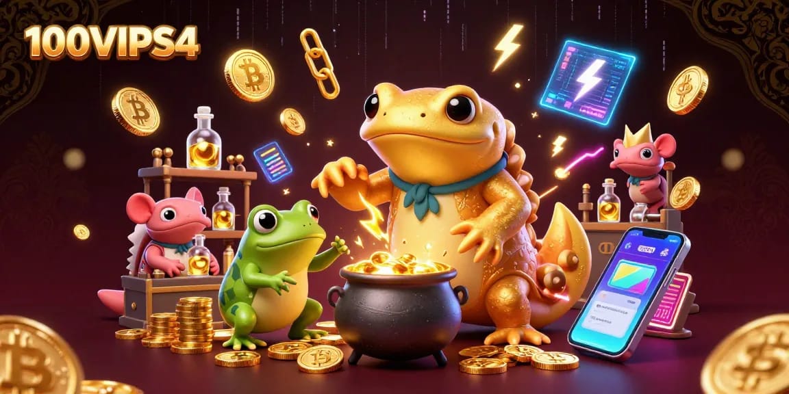Engaging 100VIPS4 illustration showcasing a golden salamander alchemist and frog apprentice celebrating crypto winnings.