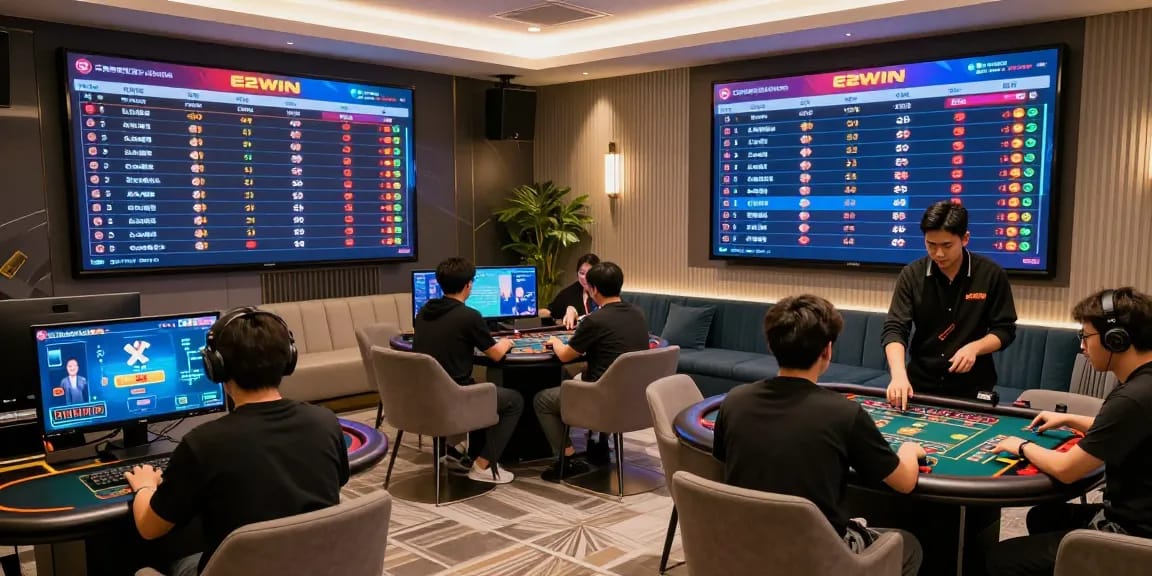 Người chơi E2WIN tham gia vào sảnh game trực tuyến sang trọng, thể hiện không khí hấp dẫn và trải nghiệm cá cược đa dạng.