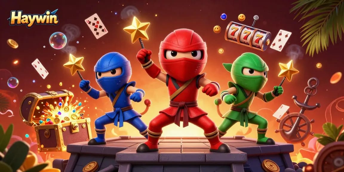 Haywin reveals thrilling casino action with ninja chameleons amidst explosive treasures and royal flush cards.