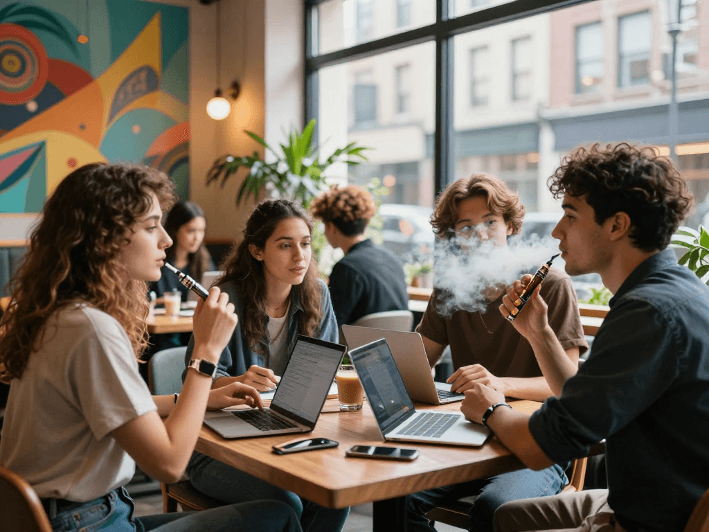 Enjoying rokok88 in a vibrant urban cafe atmosphere with friends, capturing lifestyle and social interaction.