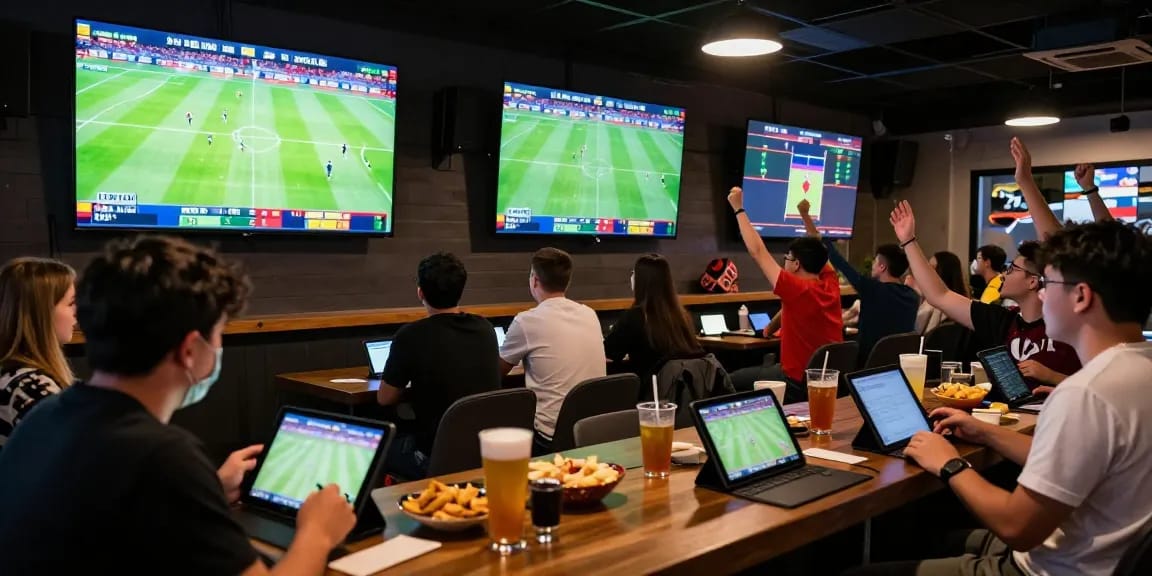 Exciting kèo nhà cái betting moment in a vibrant sports bar filled with fans, highlighting live football matches.