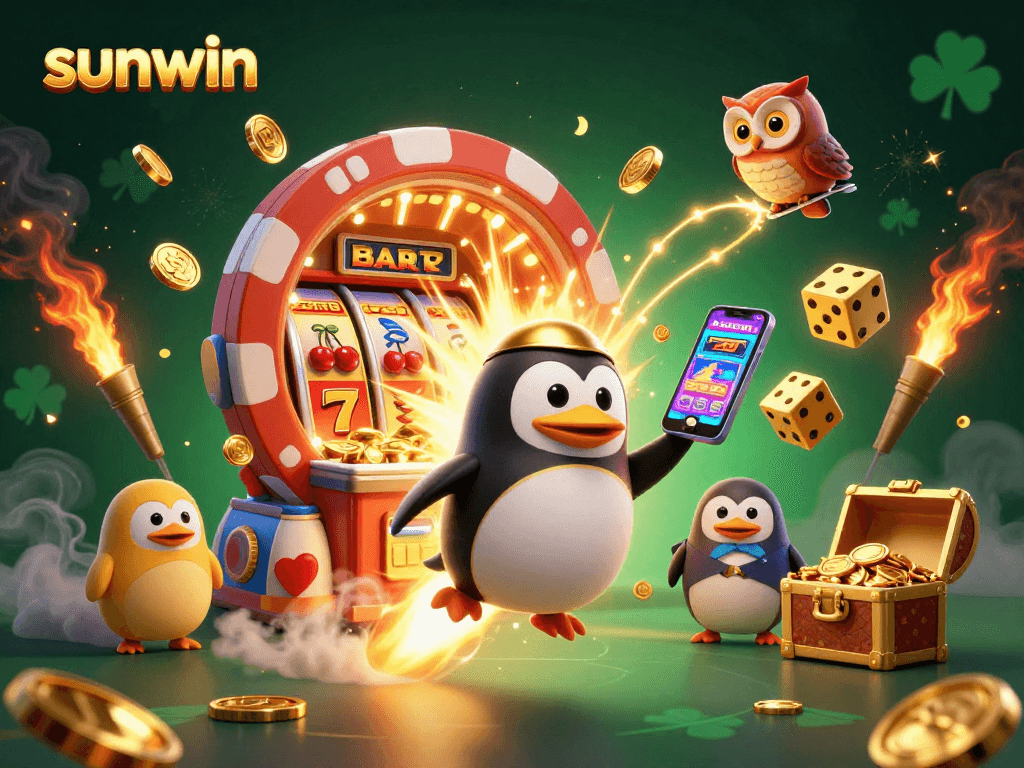 Experience excitement at sunwin with a golden penguin and slot machine amidst a cosmic casino scene.