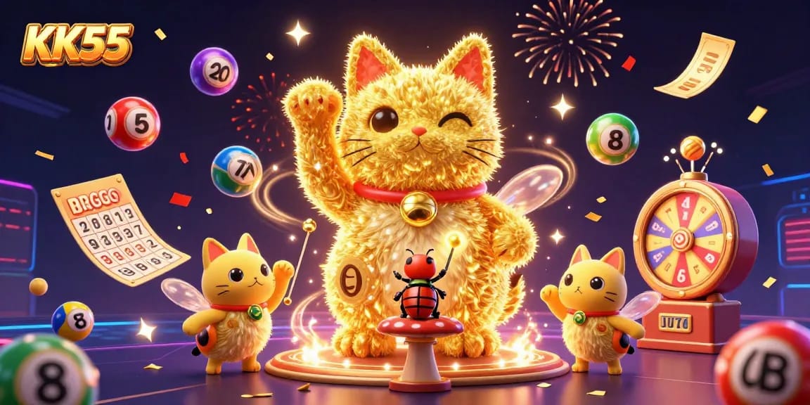 Experience the excitement of KK55 with dynamic casino-themed illustration showcasing lucky symbols, vibrant lottery elements, and festive effects.