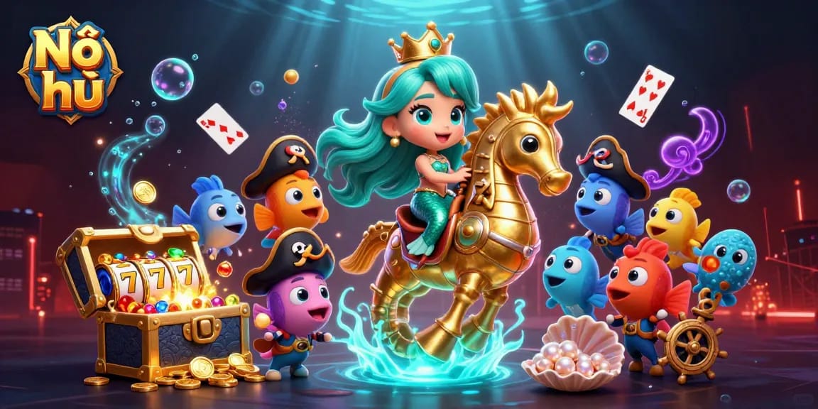 Nổ hũ game illustration with a mermaid princess, slot reels, ocean treasures, and fish allies