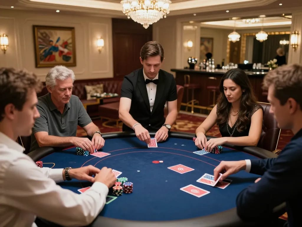Players strategizing their moves at a high-stakes poker game on 79king's luxurious table.