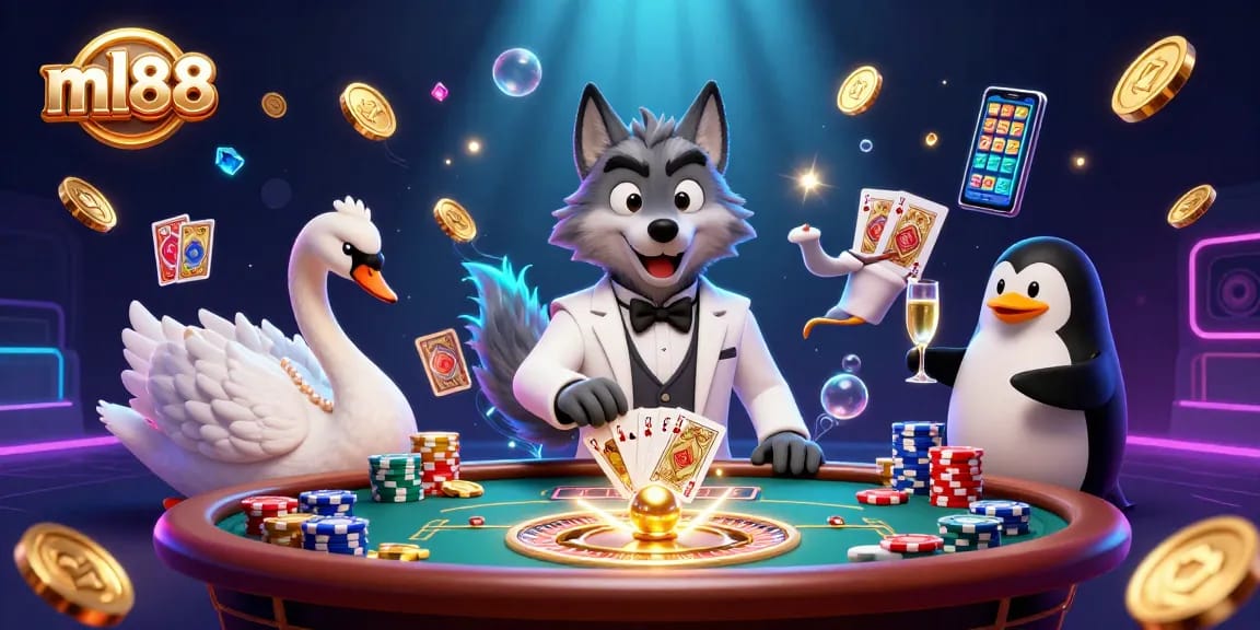 Experience excitement at ml88 with a sophisticated baccarat scene featuring a charming wolf, elegant swan, and a penguin sommelier.