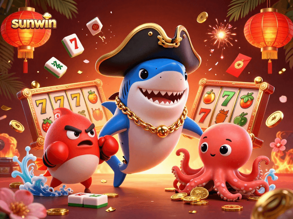 Join the adventure at Sunwin with a vibrant scene of characters celebrating wins in an engaging casino setting.