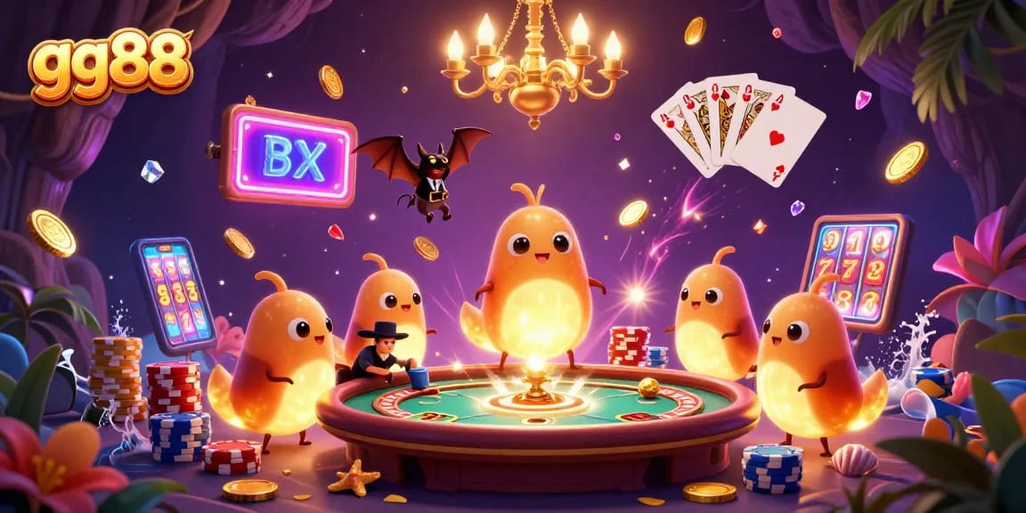 Experience the excitement of gambling at gg88 with vibrant glowworms and a bat dealer in a dynamic casino scene.