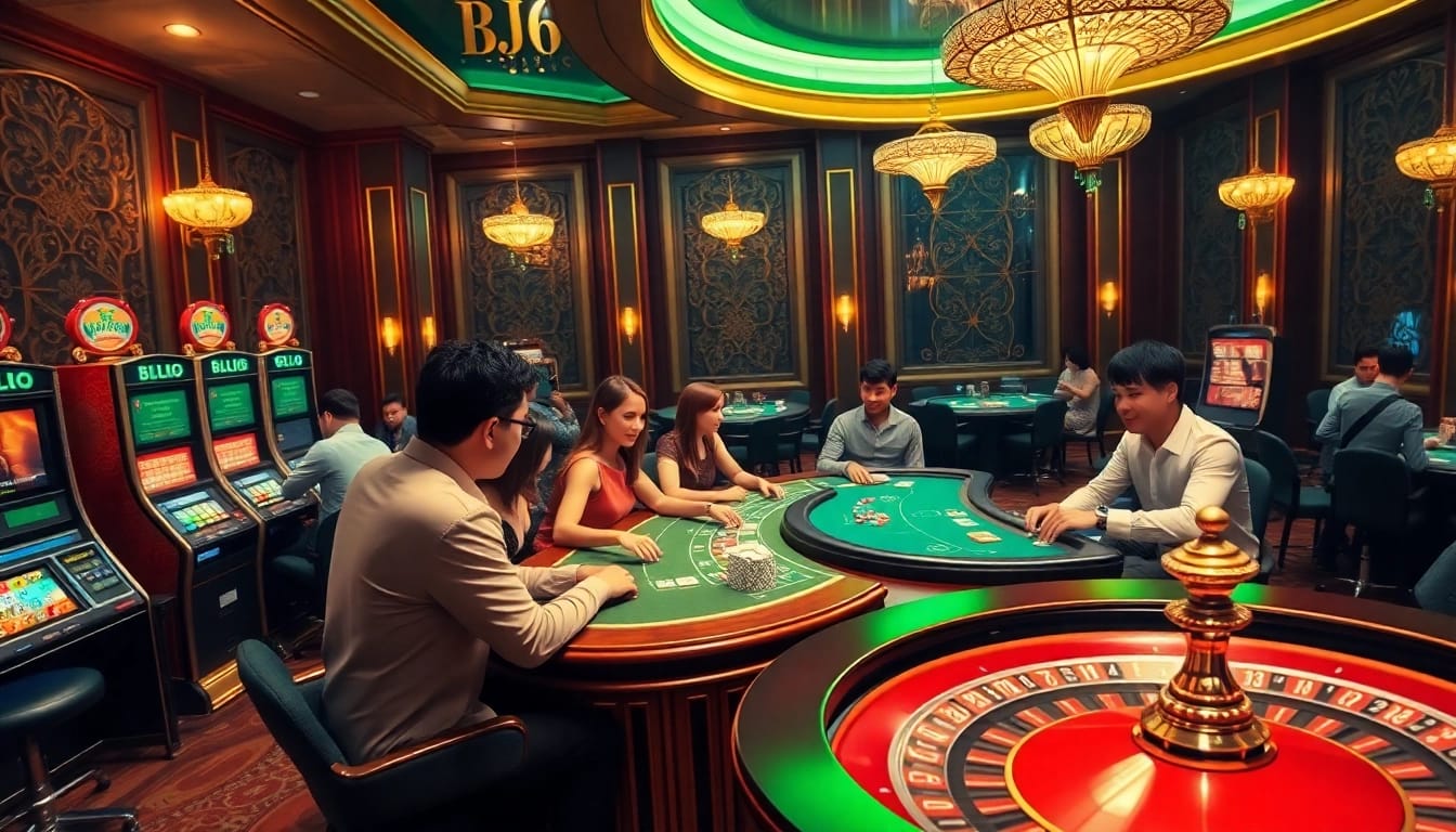 Experience thrilling gambling at nhà cái bj66 with vibrant casino tables, players enjoying poker, and slot machines.