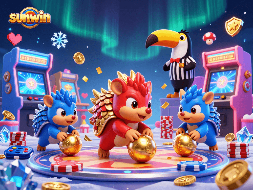 Engage with sunwin's vibrant casino world as rival pangolins roll golden balls amidst colorful gaming machines.