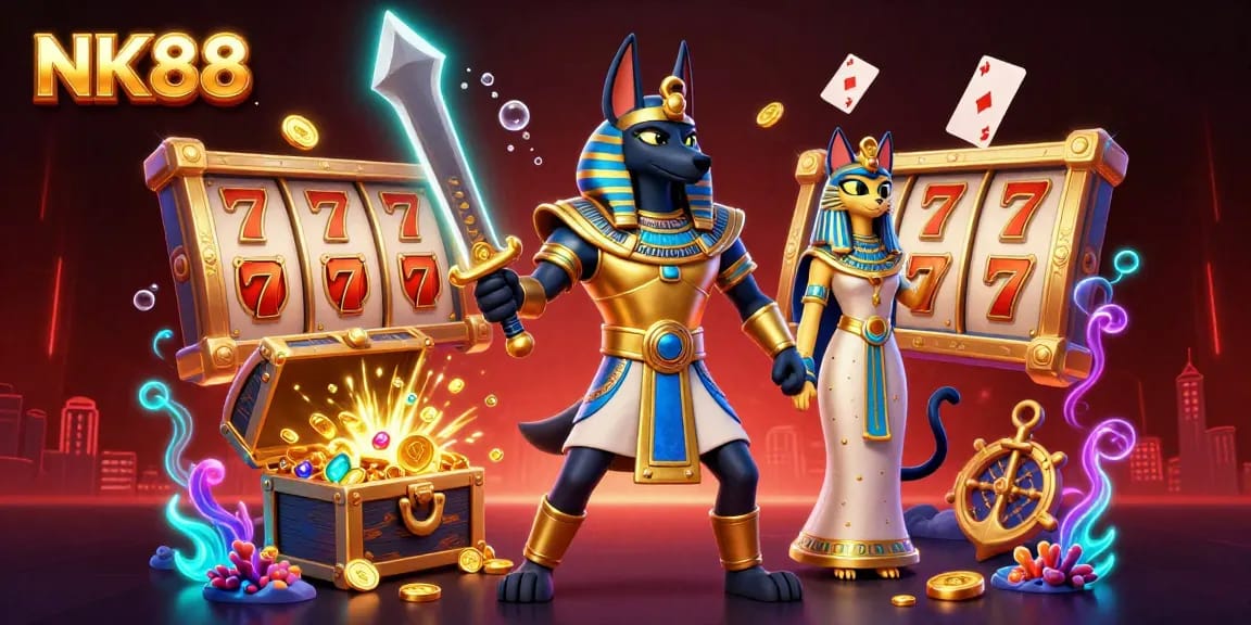 Engage with NK88 and discover a vibrant 3D illustration featuring Anubis and Bastet in a casino-themed adventure.