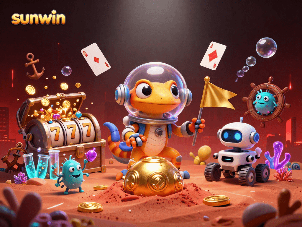Experience sunwin's thrilling slot adventures in a vibrant 3D Martian casino scene.