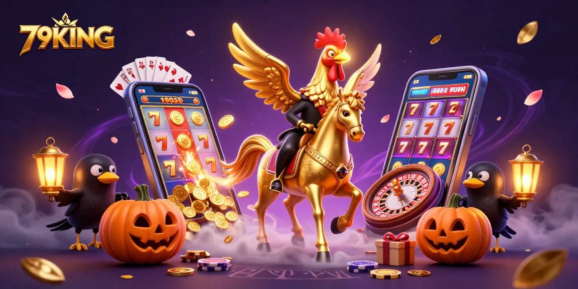 Win big with 79KING: Explore a vibrant casino scene with golden rooster and rolling slots.