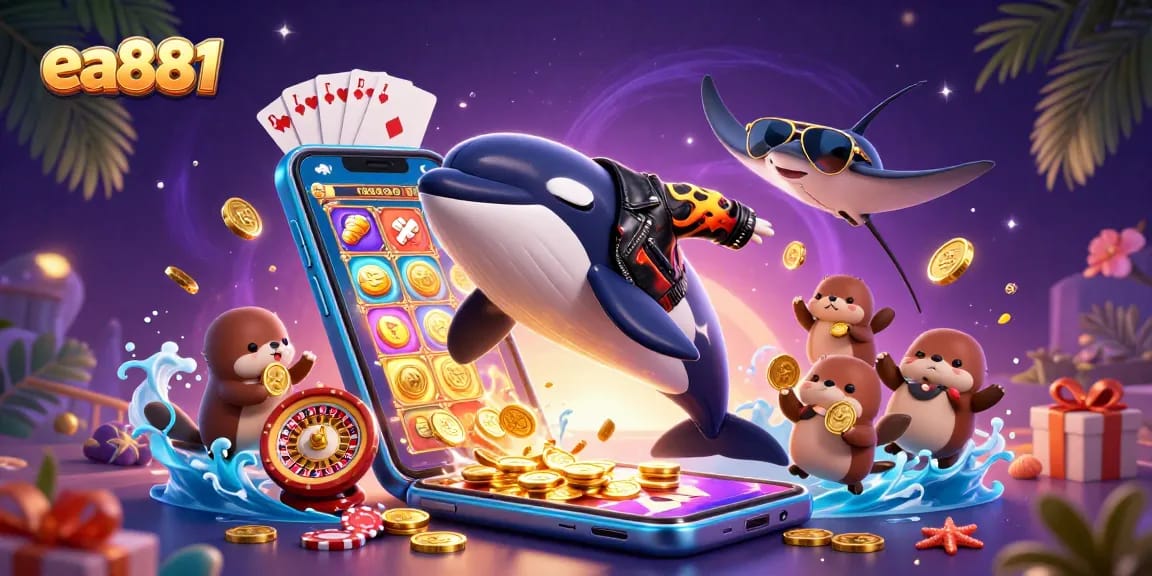 ea881 unleashes excitement as orca and otters celebrate wins in a vibrant casino scene with slots.