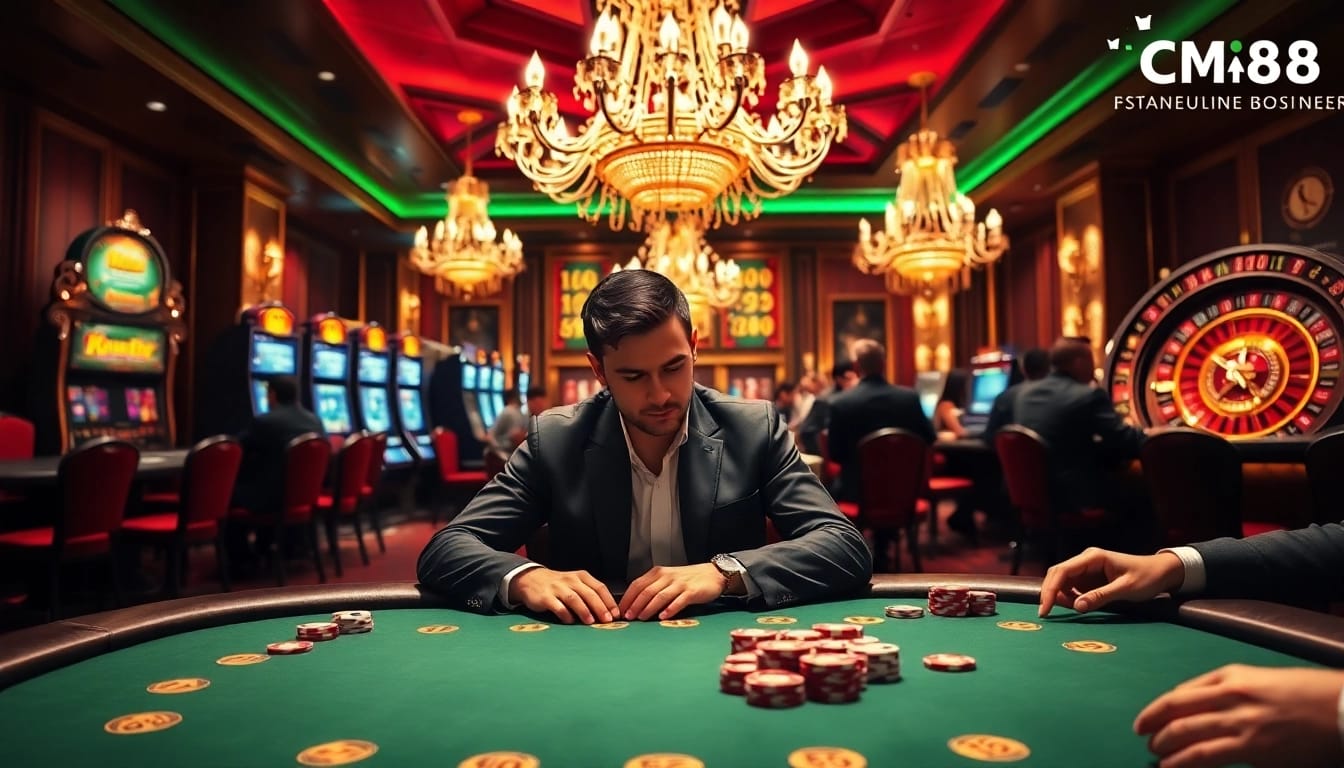 Experience high-stakes play at CM88's vibrant poker table with colorful chips.