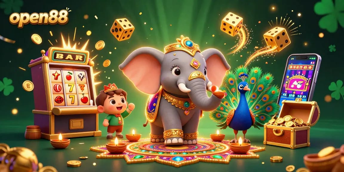 Experience exciting games at open88 with a vibrant 3D casino scene bursting with joy and winnings.