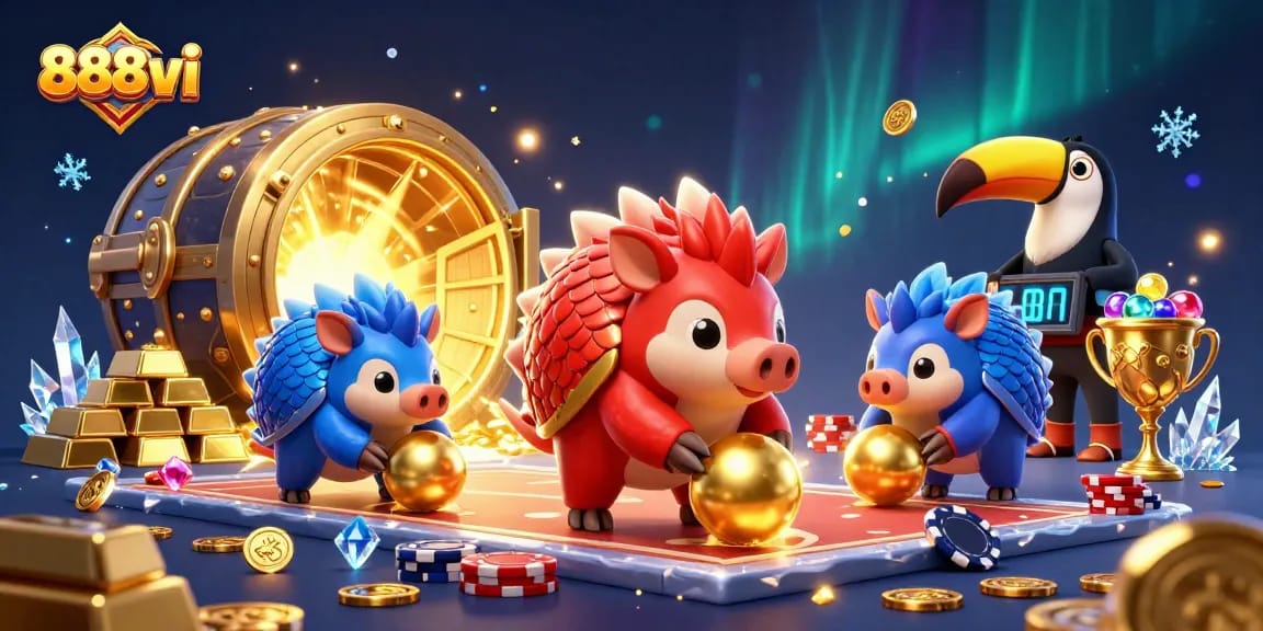 Experience thrilling gameplay at 888vi with a dynamic scene of rival pangolins rolling into poker chips.