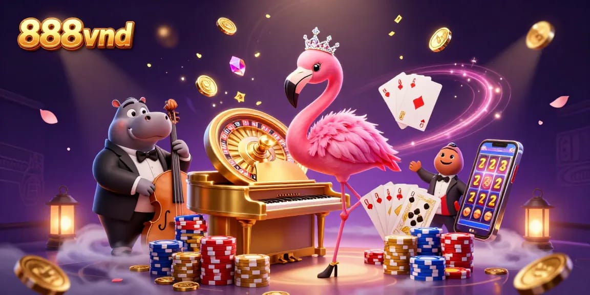 Experience thrilling gameplay at 888vnd with a vibrant casino scene featuring dynamic characters and elements.