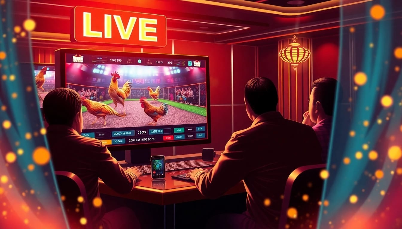 Experience xem đá gà hôm nay with an exciting online gambling scene showcasing live cockfighting action and betting.