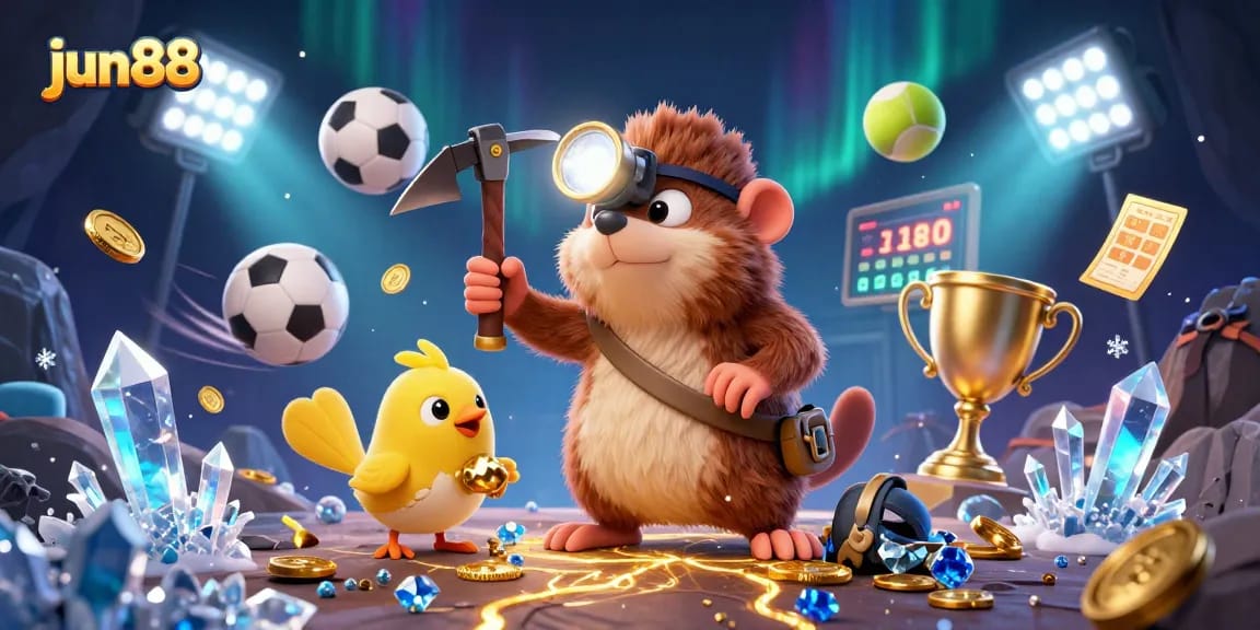Experience thrilling gaming with jun88 in a vibrant, ultra-detailed illustration of a treasure hunter and dynamic sports elements.