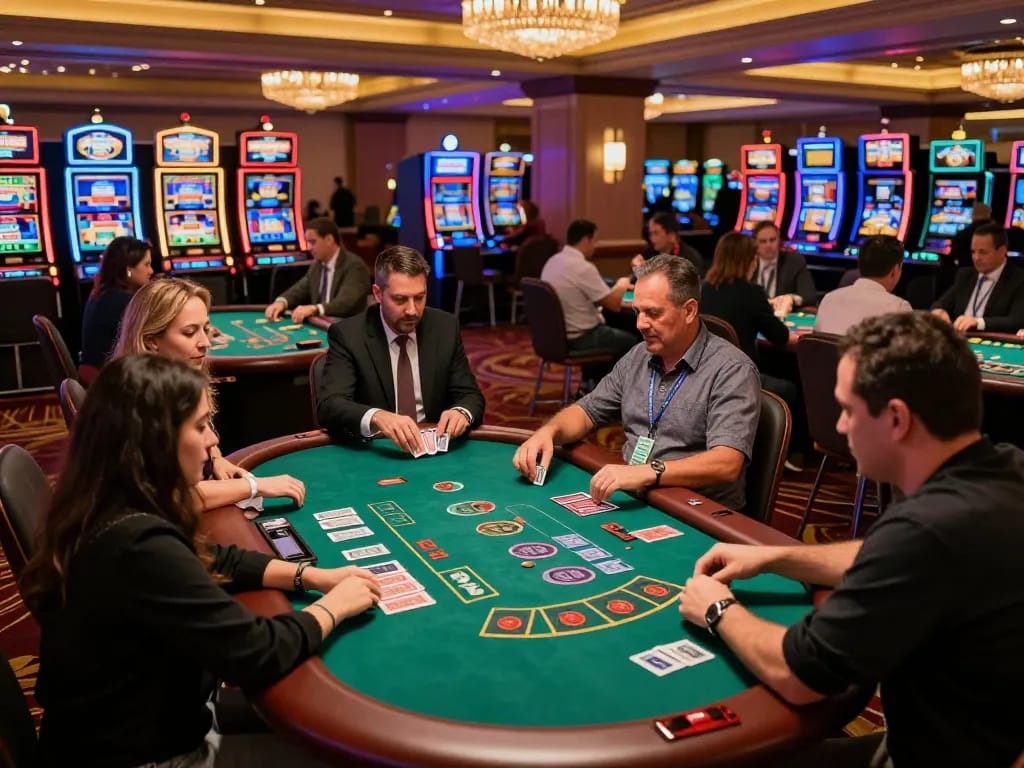 Players strategizing at lc88 blackjack tables in a vibrant casino atmosphere