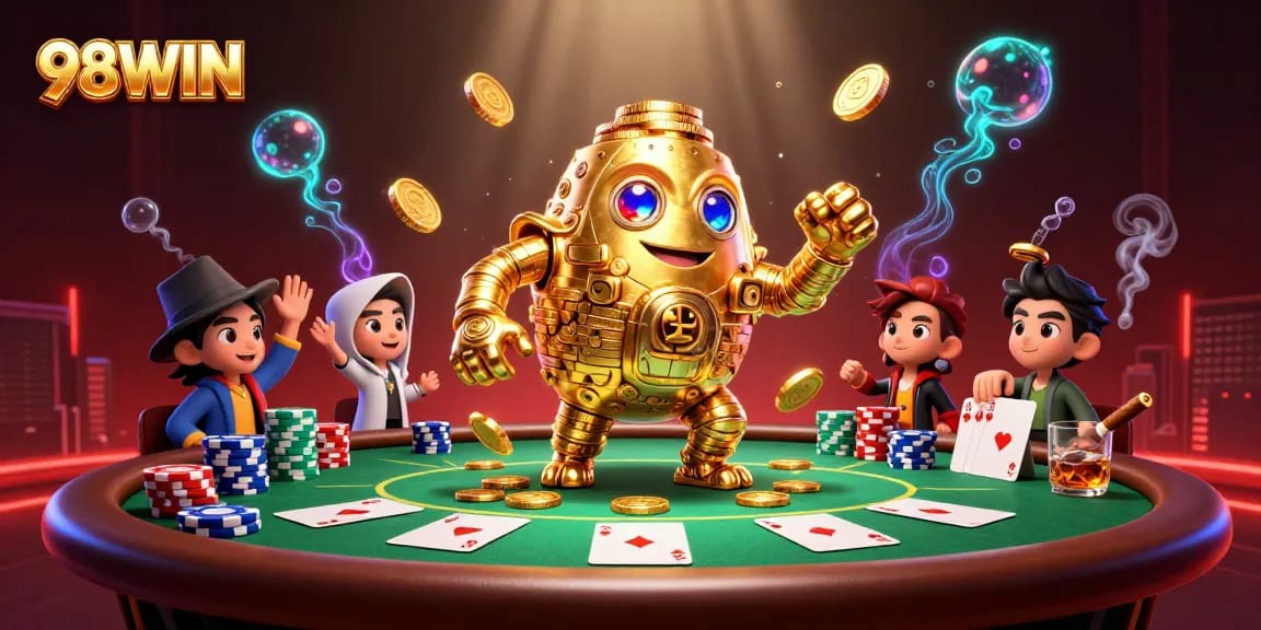 Experience the thrilling excitement of 98WIN with a captivating golden golem and poker scene.
