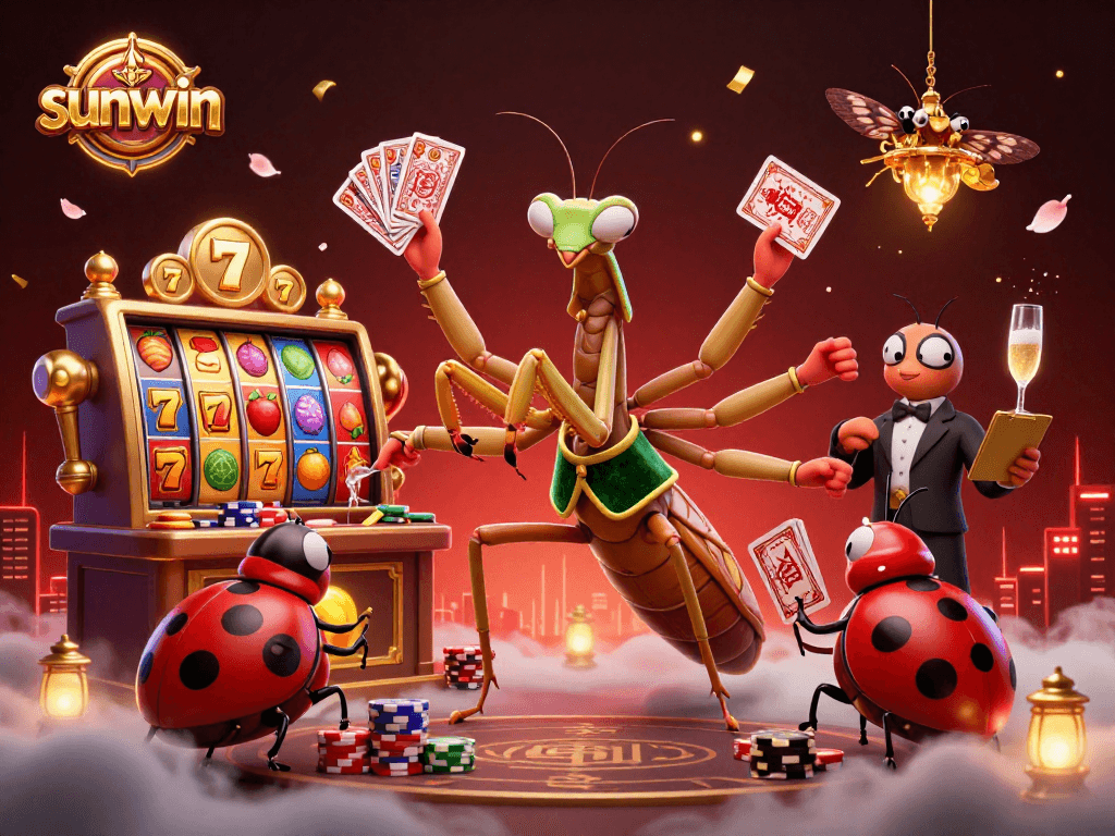 Experience thrilling action at sunwin casino as cards and chips fly in a vibrant slot scene.