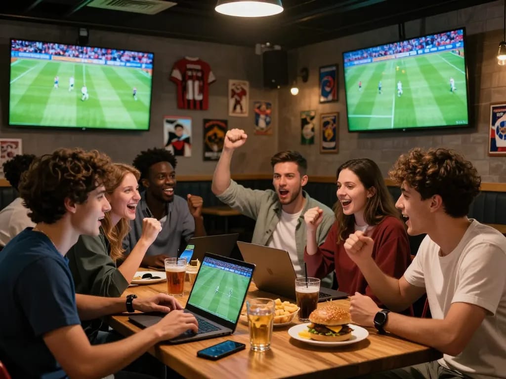 Cá độ bóng đá excitement at a lively sports bar with friends enjoying the game.