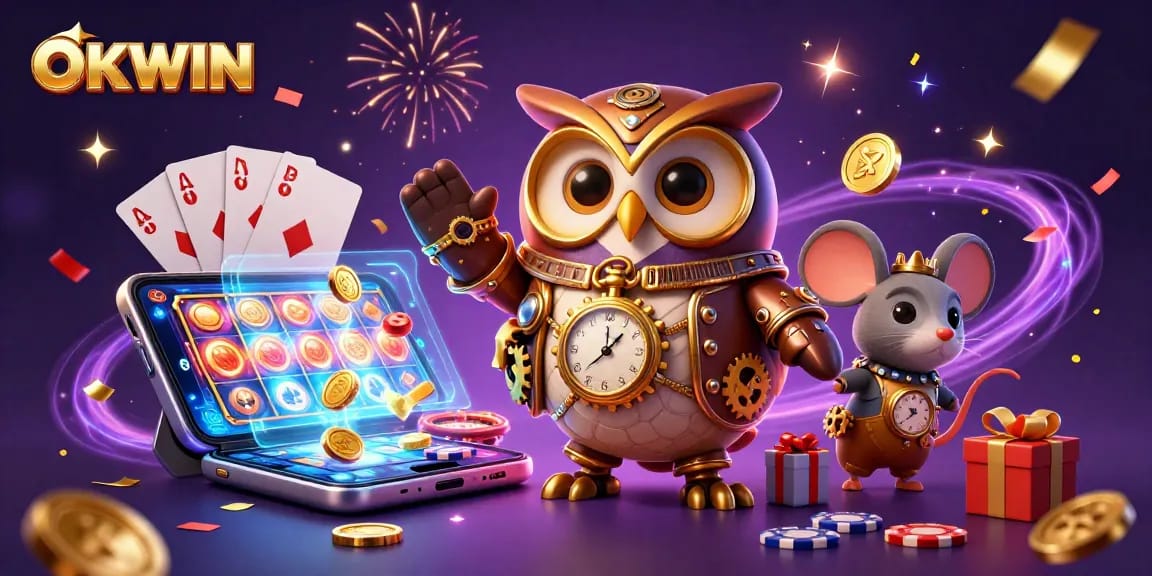 Engage with OKWIN's colorful slot games and dynamic casino elements in this vibrant illustration.