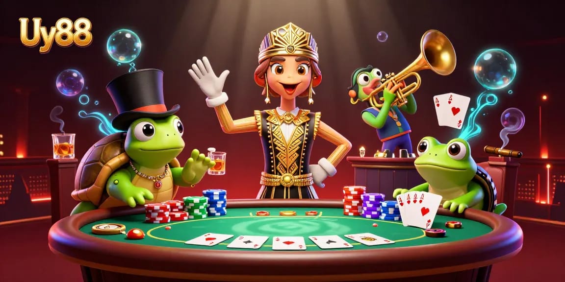 Experience exciting gameplay at Uy88 with vivid poker scenes featuring animated characters.