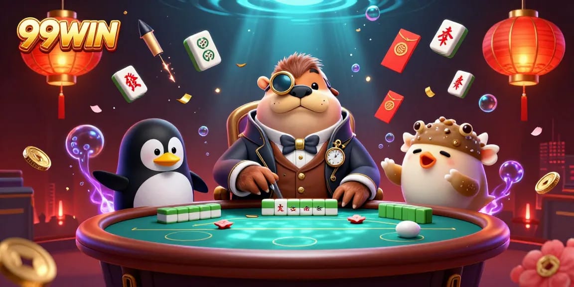 Experience the excitement at 99WIN with a jolly walrus playing poker underwater, showcasing vibrant casino elements.