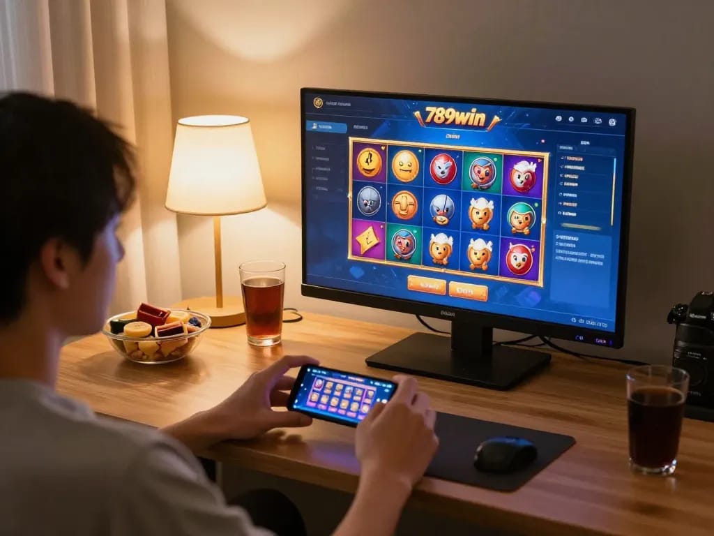 Engaging in thrilling online gaming with the 789win app on a cozy home sofa