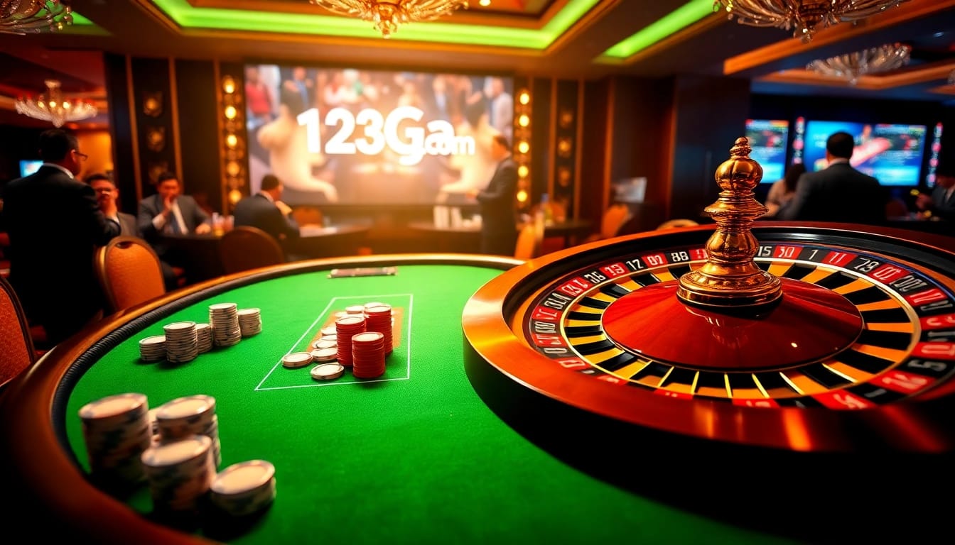 Exciting scene of professional gambling at 123ga com featuring roulette, poker chips, and live events.