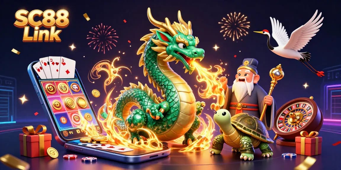 Engage with the SC88 Link casino experience in a dynamic 3D illustration featuring mythical characters.