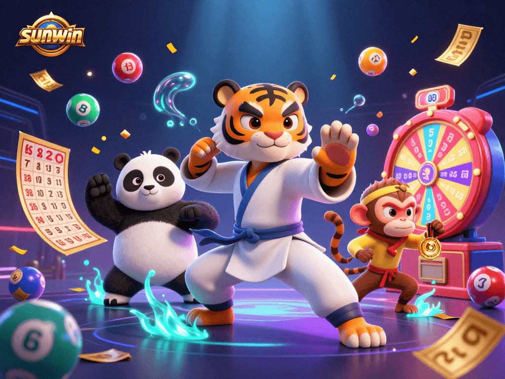 Bet on fun with sunwin: a kung fu tiger mastering luck amid vibrant lottery elements.