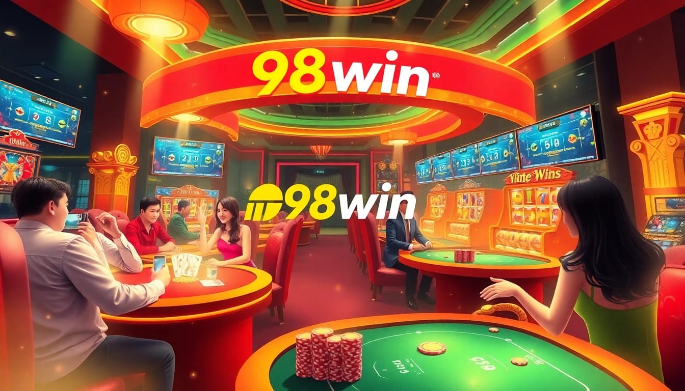 98win online casino interface showcasing players engaged in games like baccarat and poker in a vibrant atmosphere.