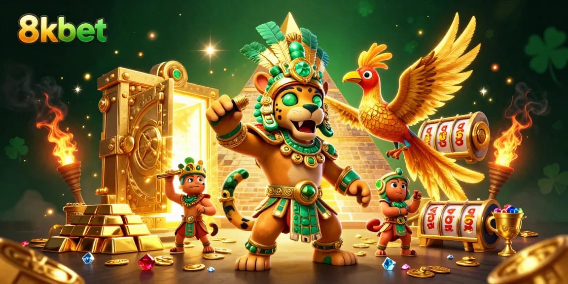 Experience the thrill of 8kbet with this vibrant casino scene featuring a Mayan priest and treasures.
