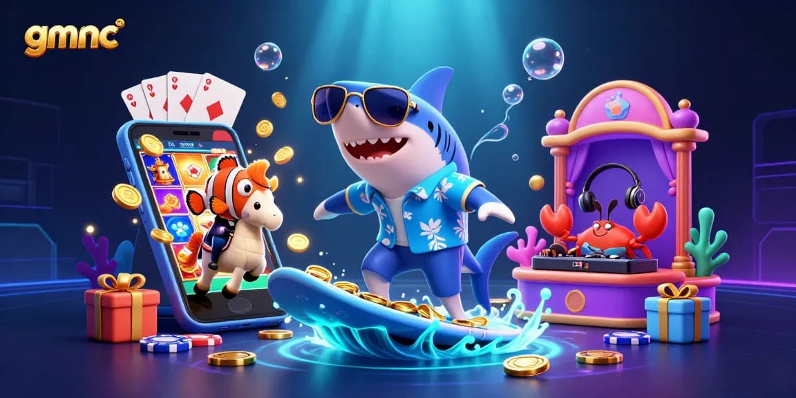 Experience vibrant gmnc adventures with a shark surfing on gold coins amidst a casino scene.