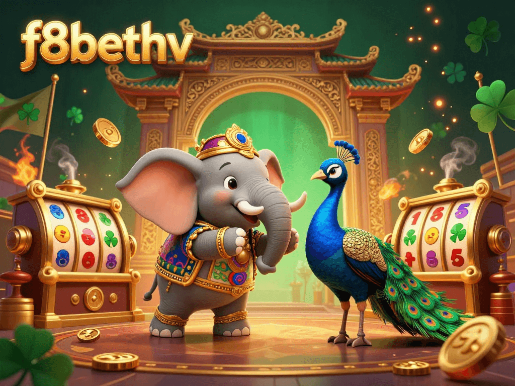 Spin the slots with f8bethv in this dynamic casino scene featuring a colorful elephant and peacock.