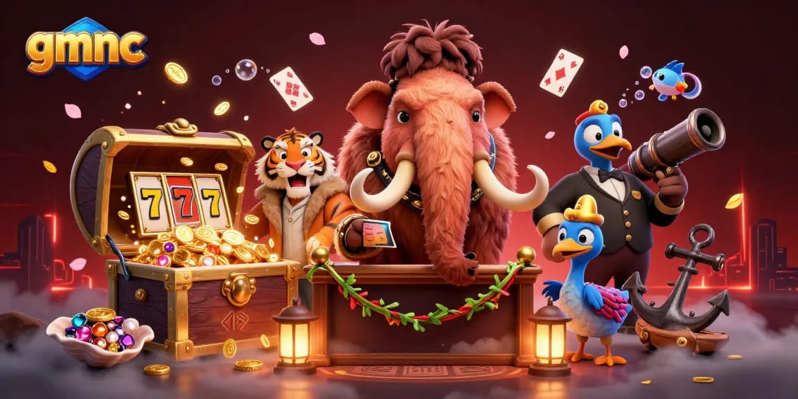 Engage with gmnc's vibrant casino scene featuring a bouncer, VIP guest, and doorman amidst slot reels and treasures.